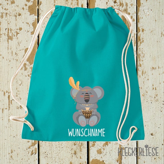 Kleckerliese Turnbeutel "Koala mit Wunschnamen" Rucksack Bag Stoffbeutel Tragetasche Kita Schule Einschulung Gymsack Wechselsachen 27 Farben