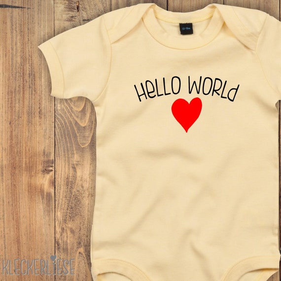 Baby Body "Hello World Herz" Babybody Strampler Jungen Mädchen Kurzarm