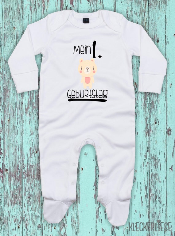 Kleckerliese Baby Schlafanzug "Mein 1. Geburtstag Eisbär" Sleepsuit Langarm Jungen Mädchen Einteiler Strampler