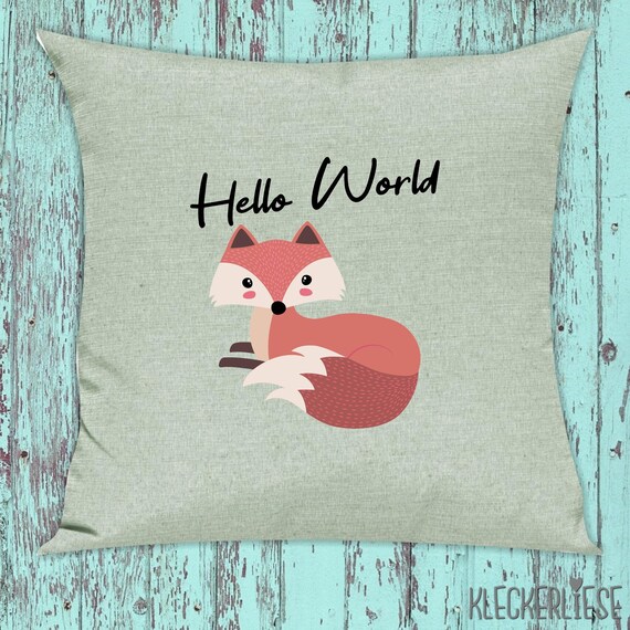 kleckerliese Kissen "Hello World Fuchs" Kissenhülle Deko Sofa Kuschelkissen Dekoidee