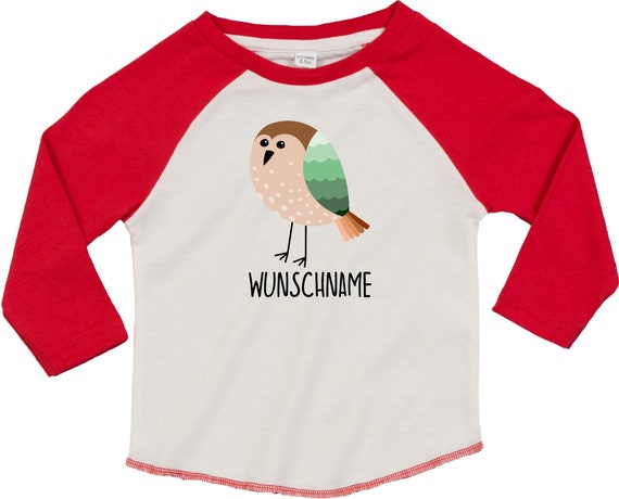 Kleckerliese Baby Kinder T-Shirt mit Wunschnamen Langarmshirt  "Vogel" Raglan-Ärmel Jungen Mädchen
