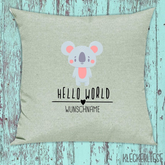 kleckerliese Kissen mit Wunschname "Hello World Koala Wunschname" Kissenhülle Deko Sofa Hülle Kissenbezug