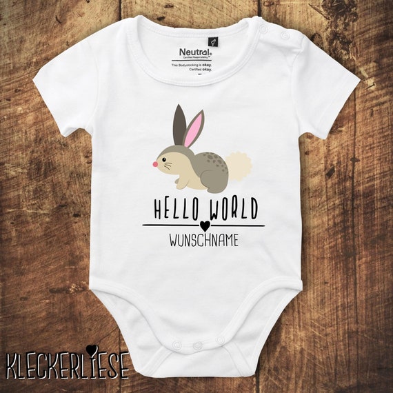 kleckerliese Babybody Body with desired name "Hello World Rabbit Wish Name" Fair Wear, Organic, Organic Baby Boys Girls