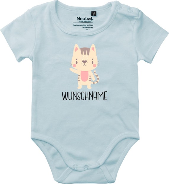 kleckerliese Babybody Body "Tiermotiv mit Wunschnamen Katze Mietze Cat" mit Wunschtext oder Namen Fair Wear Jungen Mädchen