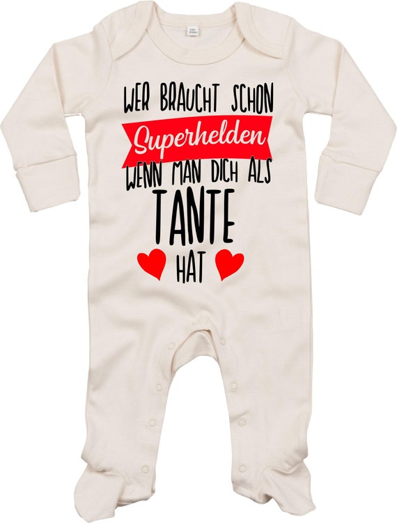 Kleckerliese Baby Schlafanzug "Wer braucht schon Superhelden wenn man Dich als TANTE hat" Sleepsuit Langarm Jungen Mädchen Einteiler