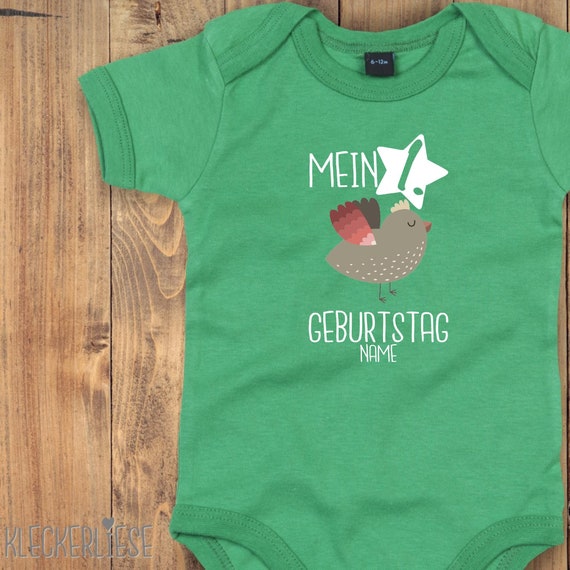Baby Body mit Wunschtext "Mein 1. Geburtstag Vogel mit Wunschname" Babybody Strampler Jungen Mädchen Kurzarm