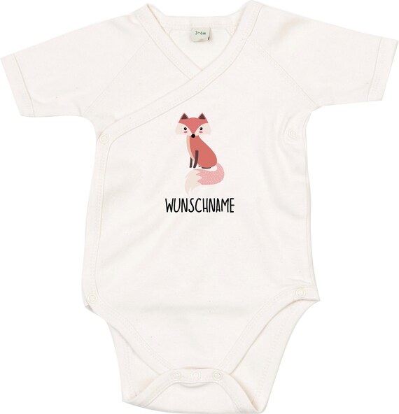 kleckerliese Wickel Baby Body "Wunschname Fuchs" Babybody Strampler Wickelbody Organic Kimono Kurzarm