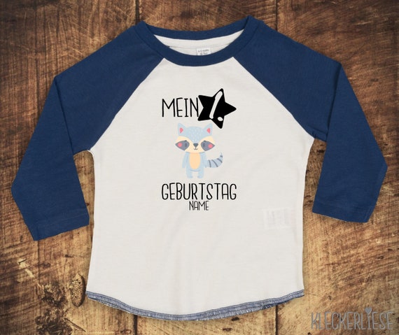 T-Shirt Langarmshirt mit Wunschname "Mein 1. Geburtstag Waschbär mit Wunschname" Raglan-Ärmel Jungen Mädchen Baby Kinder