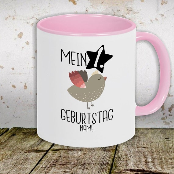 Kaffeetasse mit Wunschnamen Tasse Motiv "Mein 1. Geburtstag Vogel mit Wunschname" Tasse Teetasse Milch Kakao