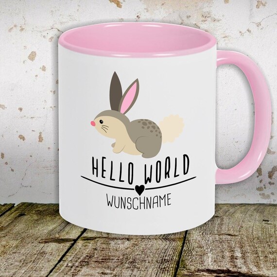 Kaffeetasse mit Wunschnamen Tasse Motiv "Hello World Hase Wunschname" Tasse Teetasse Milch Kakao