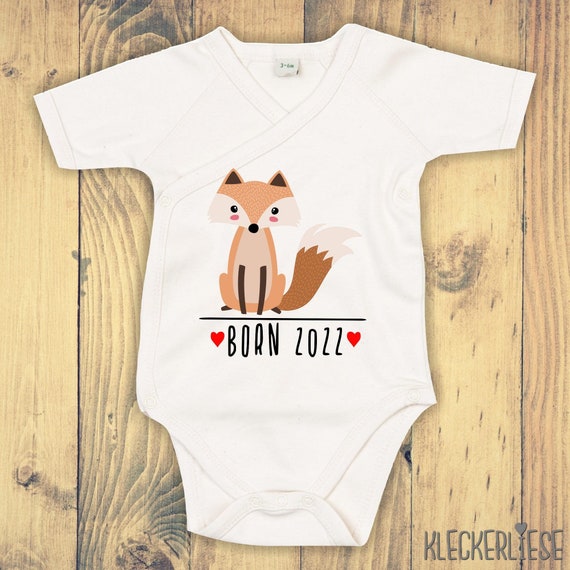 kleckerliese wrap baby body "Born 2022 animal motif fox" with desired year baby body romper wrap body organic kimono short sleeve