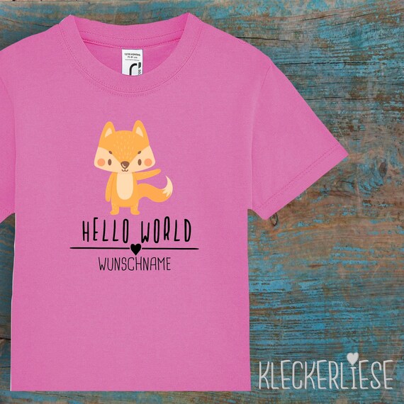Kinder Baby Shirt mit Wunschname Kleinkind "Hello World Fuchs Wunschname" T-Shirt Jungen Mädchen