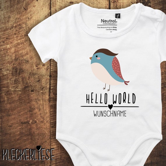 kleckerliese Babybody Body mit Wunschname "Hello World Vogel Wunschname" Fair Wear, Bio, Organic Baby Jungen Mädchen