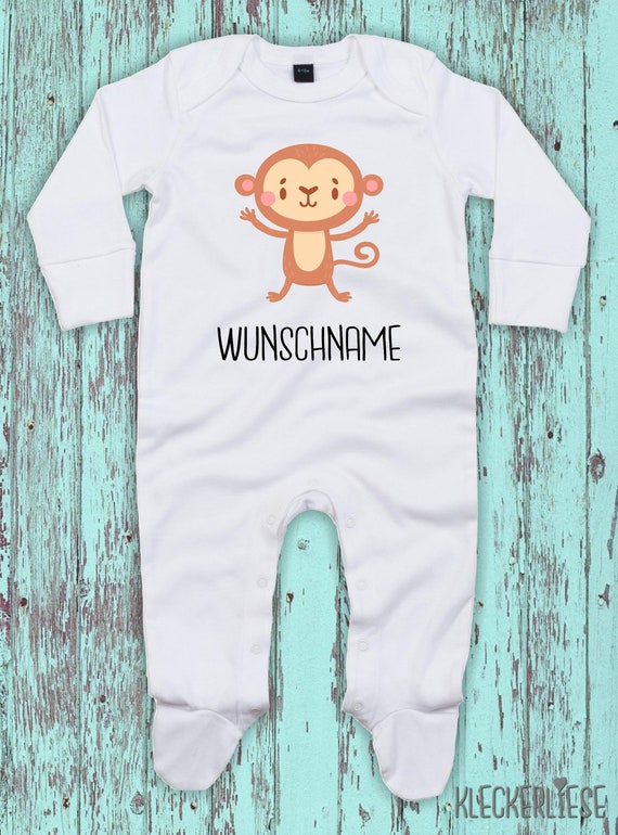 Baby Schlafanzug mit Wunschtext "Tiermotiv mit Wunschnamen Affe" Sleepsuit Langarm Jungen Mädchen Einteiler Strampler