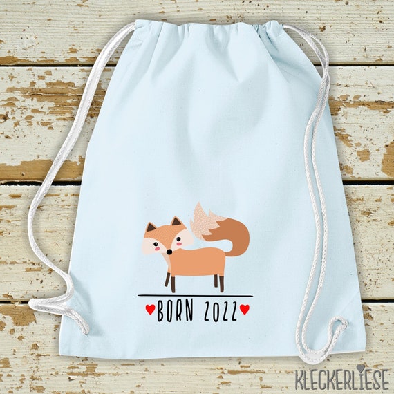 Kleckerliese Kinder Gymsack "Born 2022 Tiermotiv Fuchs" mit Wunschjahr Rucksack Bag Stoffbeutel Turnbeutel Tragetasche