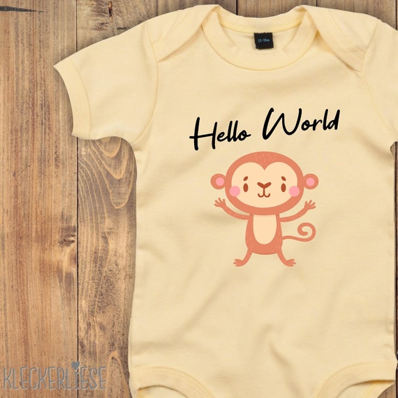 Baby Body mit Wunschtext "Hello World Affe" Babybody Strampler Jungen Mädchen Kurzarm