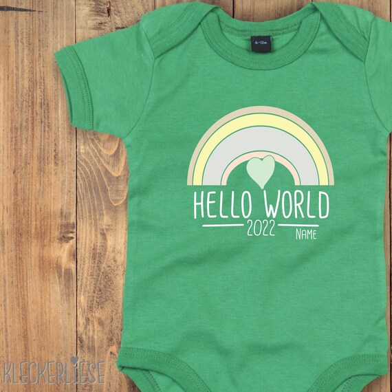 Baby Body mit Wunschtext "Hello World 2022 Wunschname" Babybody Strampler Jungen Mädchen Kurzarm