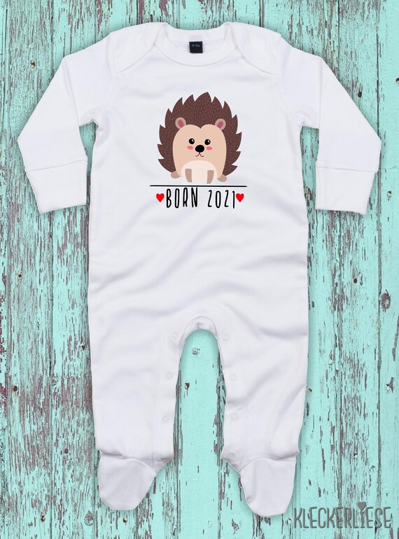 Kleckerliese Baby Pyjamas "Born 2021 Animal Motif Hedgehog" Wish Year Sleepsuit Long Sleeve Boys Girls One-Piece Romper