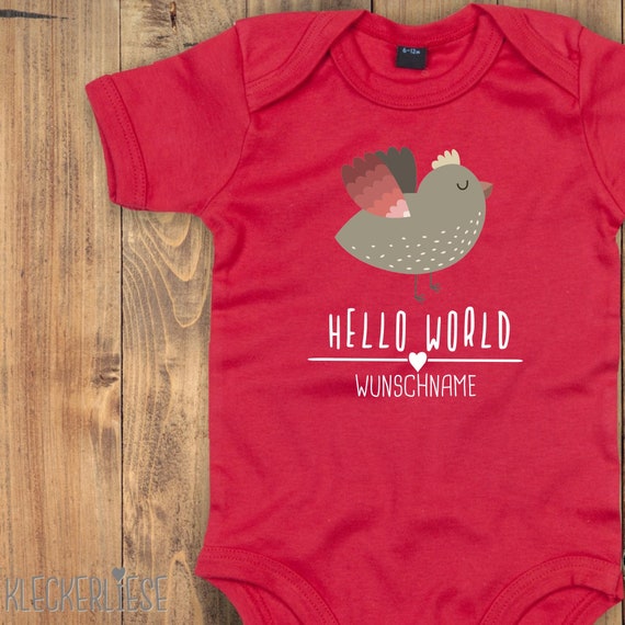 Baby Body mit Wunschtext "Hello World Vogel Wunschname" Babybody Strampler Jungen Mädchen Kurzarm