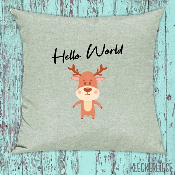 kleckerliese Kissen "Hello World Elch" Kissenhülle Deko Sofa Kuschelkissen Dekoidee