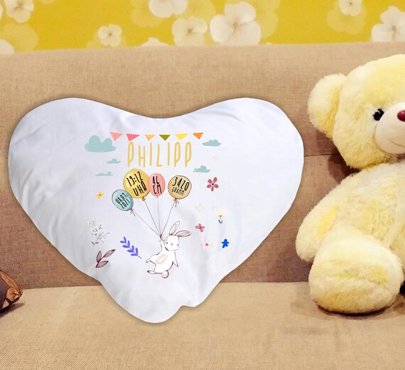 Kissen Bezug Namenskissen Geburt personalisiert Motiv Hase Baby bedruckt personalisiert Geburtsdaten Junge Mädchen Geschenkidee ohne Füllung