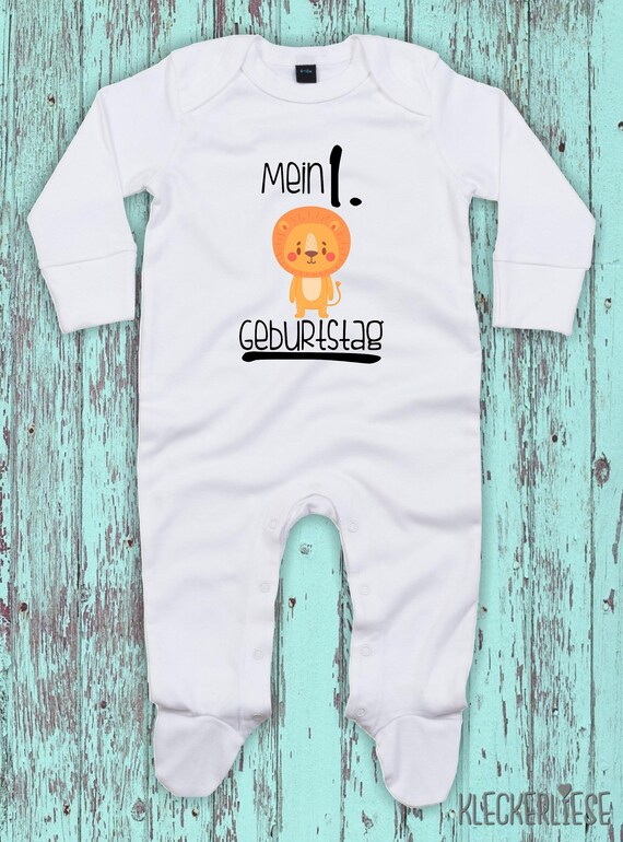 Kleckerliese Baby Schlafanzug "Mein 1. Geburtstag Löwe" Sleepsuit Langarm Jungen Mädchen Einteiler Strampler