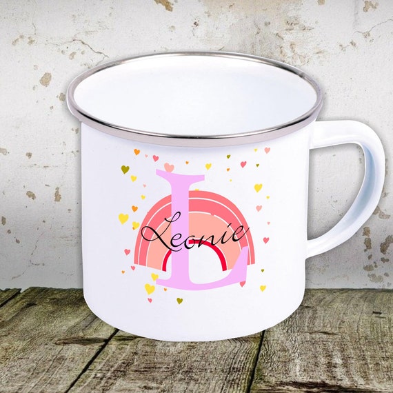 kleckerliese Emaille Tasse mit Initialen Wunschnamen Teetasse Kindertasse Motiv Camping Zelten Retro Becher