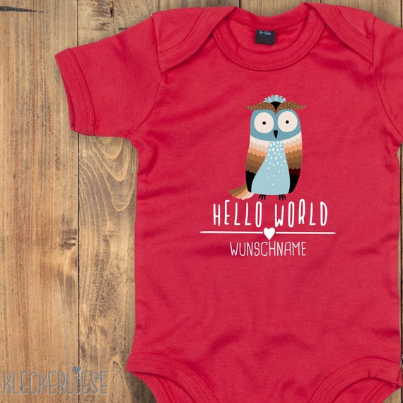 Baby Body mit Wunschtext "Hello World Eule Wunschname" Babybody Strampler Jungen Mädchen Kurzarm