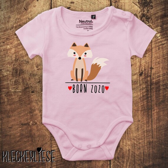 kleckerliese Babybody Body "Born 2020 Tiermotiv Fuchs" Fair Wear Jungen Mädchen Motiv Aufdruck