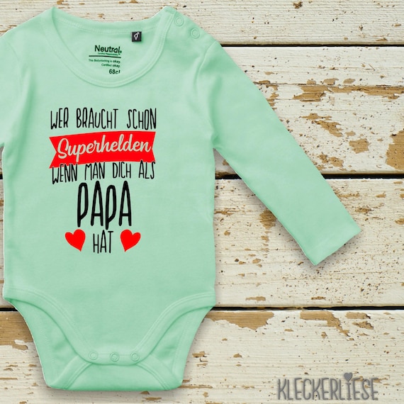 Long-sleeved baby bodysuit "Who needs superheroes when they have you as a dad" Fair Wear