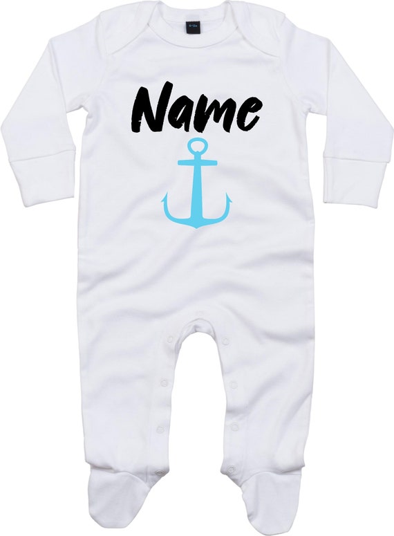 Kleckerliese Baby Schlafanzug mit Wunschnamen "Name Wunschname Anker" Sleepsuit Langarm Jungen Mädchen Einteiler Strampler