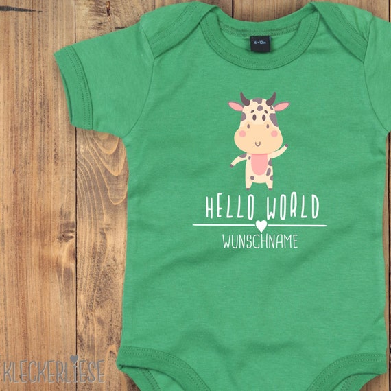 Baby Body mit Wunschtext "Hello World Kuh Wunschname" Babybody Strampler Jungen Mädchen Kurzarm