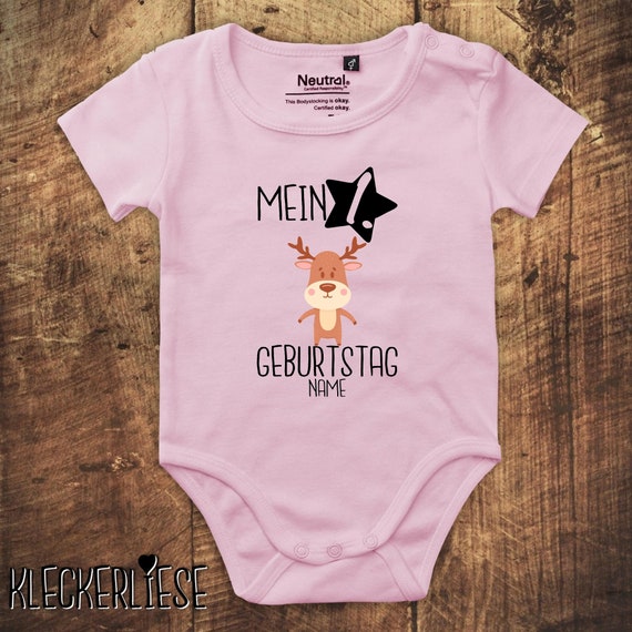 kleckerliese Babybody Body mit Wunschname "Mein 1. Geburtstag Elch mit Wunschname" Fair Wear, Bio, Organic Baby Jungen Mädchen