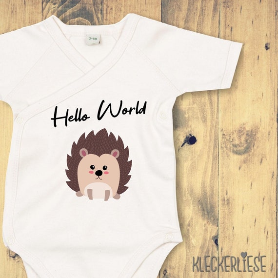 kleckerliese Wickel Baby Body "Hello World Igel" Babybody Strampler Wickelbody Organic Kimono Kurzarm