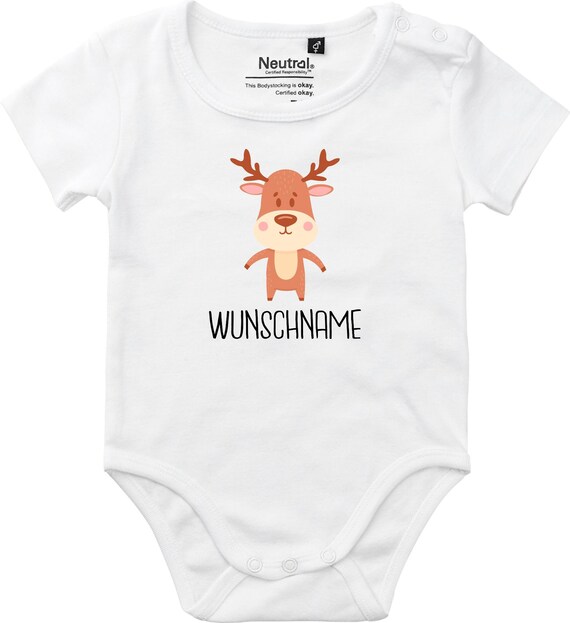 kleckerliese Babybody Body "Tiermotiv mit Wunschnamen Elch Reh Hirsch" mit Wunschtext oder Namen Fair Wear Jungen Mädchen