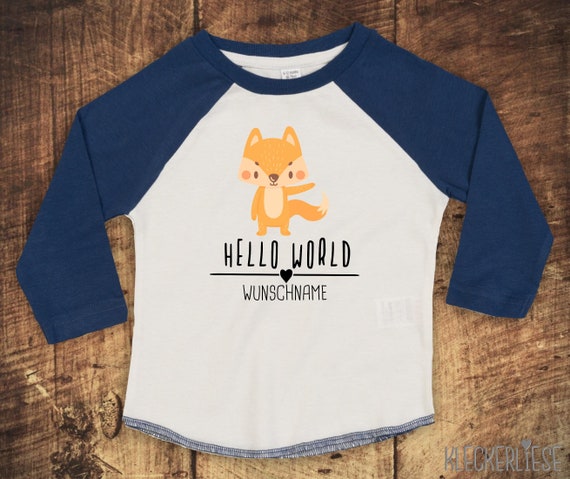 T-Shirt Langarmshirt mit Wunschname "Hello World Fuchs Wunschname" Raglan-Ärmel Jungen Mädchen Baby Kinder