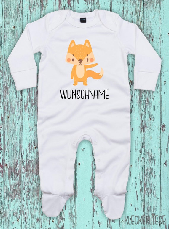 Baby Schlafanzug mit Wunschtext "Tiermotiv mit Wunschnamen Fuchs" Sleepsuit Langarm Jungen Mädchen Einteiler Strampler