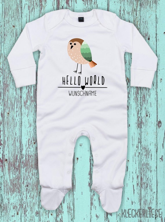 Baby Schlafanzug mit Wunschtext "Hello World Vogel Wunschname" Sleepsuit Langarm Jungen Mädchen Einteiler Strampler