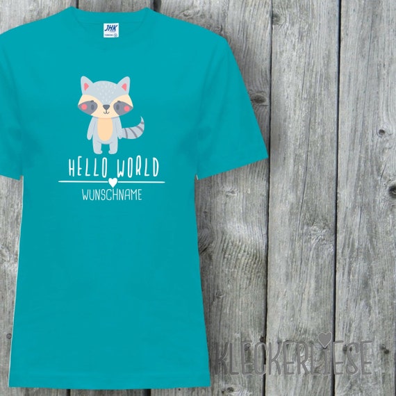 Kinder T-Shirt mit Wunschname "Hello World Waschbär Wunschname" Shirt Jungen Mädchen Baby Kind