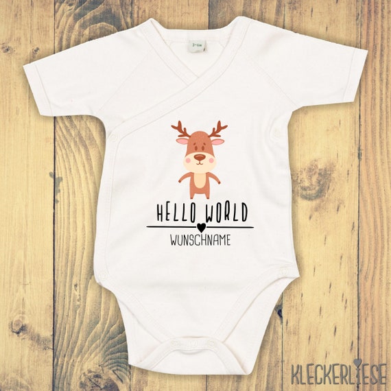 Wickelbody mit Wunschtext "Hello World Elch Wunschname" Babybody Strampler Wickelbody Organic Kimono Kurzarm Baby Body