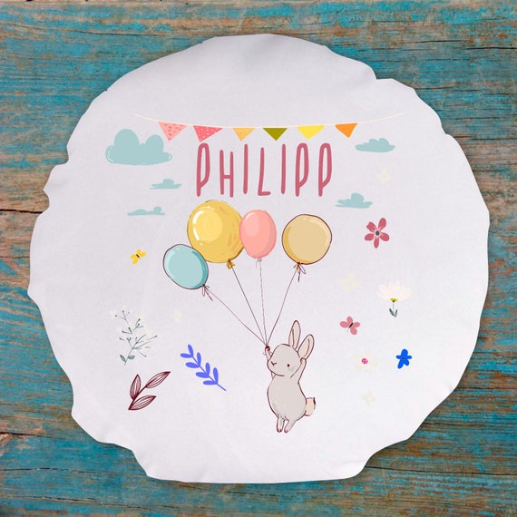 personalisierbarer Kissen Bezug Motiv Hase mit Wunschname, Geburts Daten Kissenhülle Bezug Ballon Tiere Namenskissen Taufe