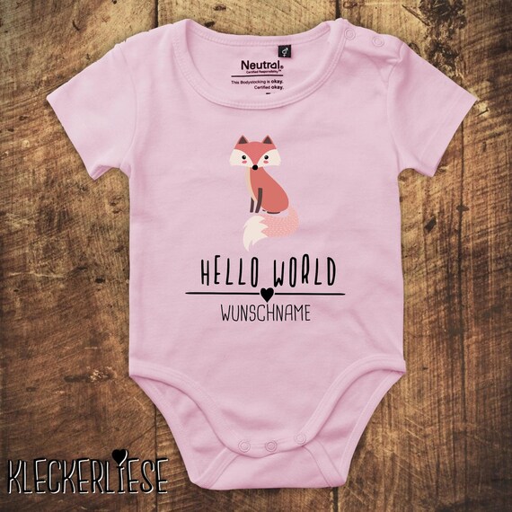 kleckerliese Babybody Body mit Wunschname "Hello World Fuchs Wunschname" Fair Wear, Bio, Organic Baby Jungen Mädchen