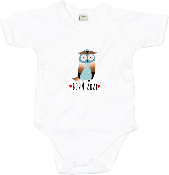 kleckerliese Wickel Baby Body "Born 2021 Tiermotiv Eule" Babybody Strampler Wickelbody Organic Kimono Kurzarm