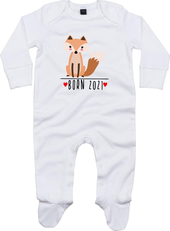 Kleckerliese Baby Schlafanzug "Born 2021 Tiermotiv Fuchs" Sleepsuit Langarm Jungen Mädchen Einteiler Strampler