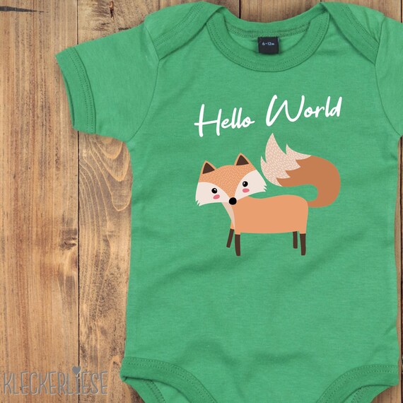 Baby Body "Hello World Fuchs" Babybody Strampler Jungen Mädchen Kurzarm