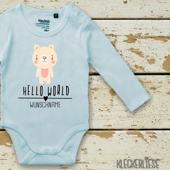 Langarm Body mit Wunschname Babybody "Hello World Eisbär Wunschname" Fair Wear Bio Organic