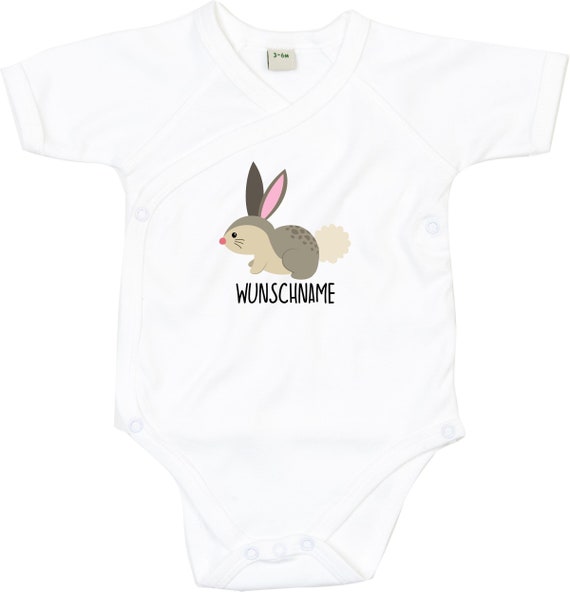 kleckerliese Wickel Baby Body "Wunschname Hase" Babybody Strampler Wickelbody Organic Kimono Kurzarm