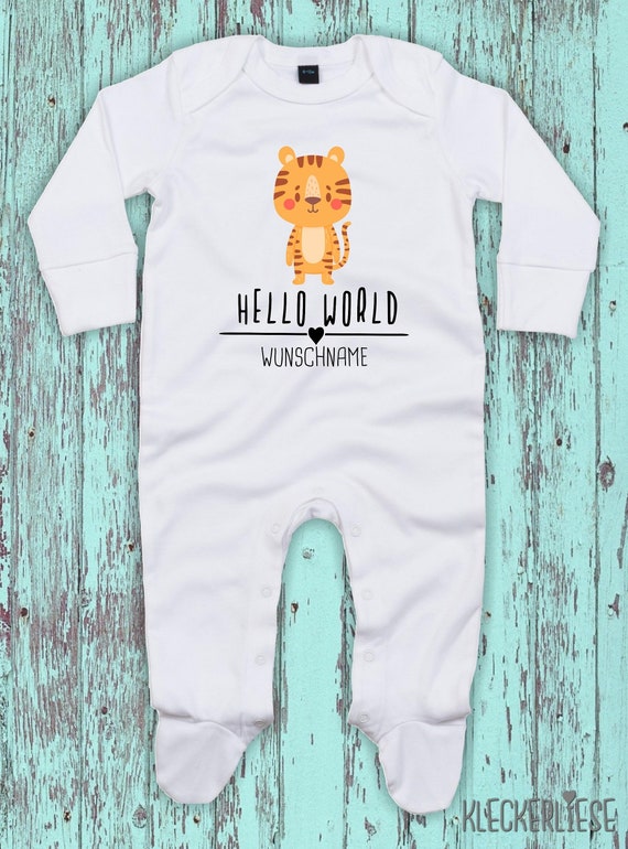 Baby Schlafanzug mit Wunschtext "Hello World Tiger Wunschname" Sleepsuit Langarm Jungen Mädchen Einteiler Strampler