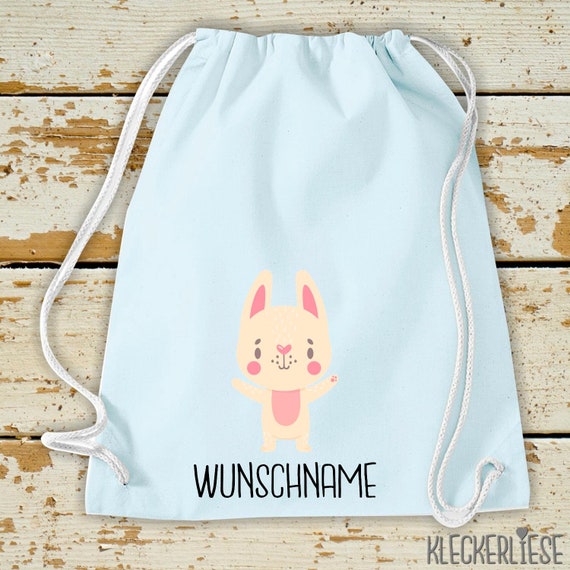 Kleckerliese Gymsack "Tiermotiv mit Wunschnamen Hase Häschen" mit Wunschtext oder Namen Rucksack Bag Stoffbeutel Turnbeutel Tragetasche