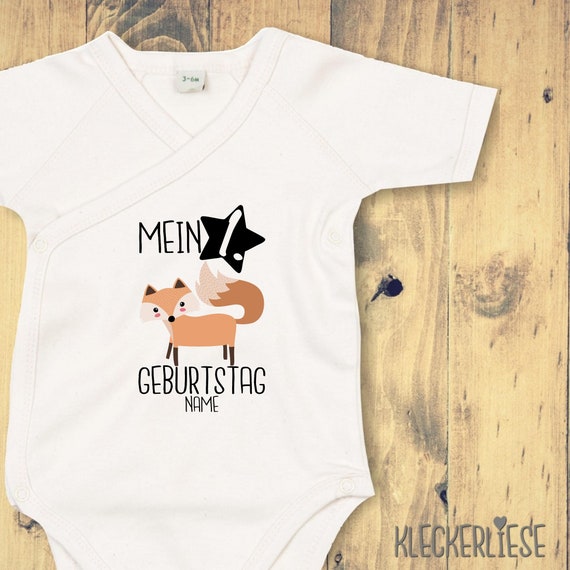 Wickelbody mit Wunschtext "Mein 1. Geburtstag Fuchs mit Wunschname" Babybody Strampler Wickelbody Organic Kimono Kurzarm Baby Body